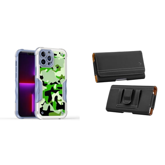 Case and Pouch Bundle for iPhone 14 Plus: Heavy Duty Armor Rugged Case (Army Green Camo) and PU Leather Magnetic Belt Holster