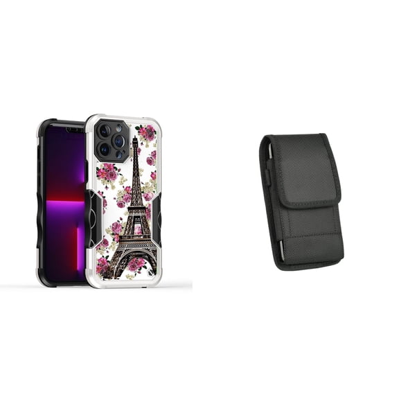 Case and Pouch Bundle for iPhone 14 Plus: Heavy Duty Armor Rugged Case (Eiffel Tower Flowers) and Vertical Nylon Belt Holster