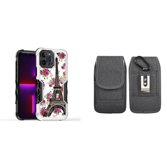 Case and Pouch Bundle for iPhone 14 Plus: Heavy Duty Armor Rugged Case (Eiffel Tower Flowers) and Vertical Nylon Fabric Belt Holster (Grey)