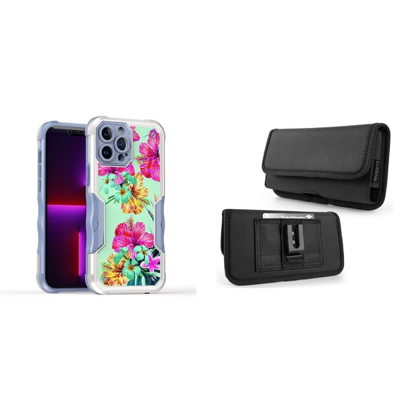 Case and Pouch Bundle for iPhone 14 Plus: Heavy Duty Armor Rugged Case (Teal and Pink Hibiscus Flower) and Horizontal Rugged Nylon Belt Holster