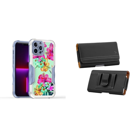 Case and Pouch Bundle for iPhone 14 Plus: Heavy Duty Armor Rugged Case (Teal and Pink Hibiscus Flower) and PU Leather Magnetic Belt Holster