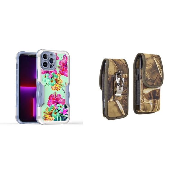 Case and Pouch Bundle for iPhone 14 Plus: Heavy Duty Armor Rugged Case (Teal and Pink Hibiscus Flower) and Vertical Rugged Nylon Belt Holster (Camo)