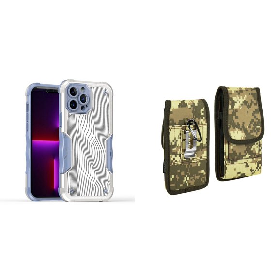 Case and Pouch Bundle for iPhone 14 Plus: Heavy Duty Armor Rugged Case (White Swirly Lines) and Vertical Rugged Nylon Belt Holster (Digital Camo)