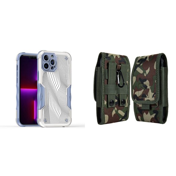Case and Pouch Bundle for iPhone 14 Plus: Heavy Duty Armor Rugged Case (White Swirly Lines) and Vertical Rugged Nylon Belt Holster (Green Camo)