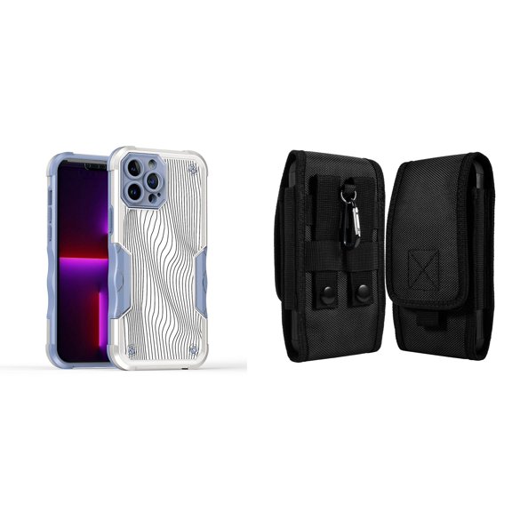 Case and Pouch Bundle for iPhone 14 Plus: Heavy Duty Armor Rugged Case (White Swirly Lines) and Vertical Rugged Nylon Belt Holster