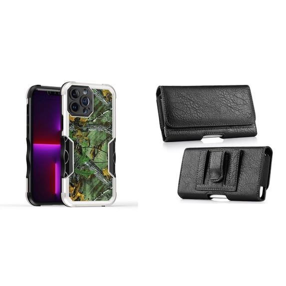 Case and Pouch Bundle for iPhone 14 Pro Max: Heavy Duty Armor Rugged Case (Hunting Camo) and Coin Card Wallet Belt Holster