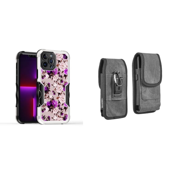 Case and Pouch Bundle for iPhone 14 Pro Max: Heavy Duty Armor Rugged Case (Purple Pink Flowers) and Vertical Rugged Denim Nylon Belt Holster