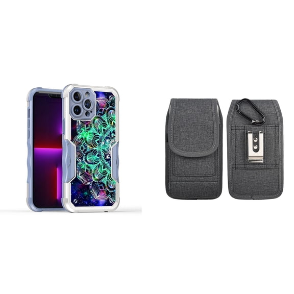 Case and Pouch Bundle for iPhone 14 Pro Max: Heavy Duty Armor Rugged Case (Teal Galaxy Mandala) and Vertical Nylon Fabric Belt Holster (Grey)