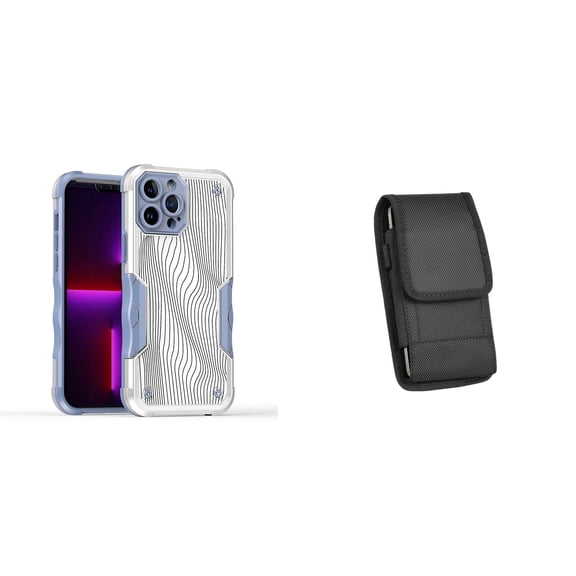 Case and Pouch Bundle for iPhone 14 Pro Max: Heavy Duty Armor Rugged Case (White Swirly Lines) and Vertical Nylon Belt Holster