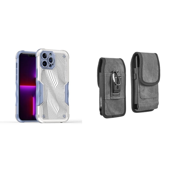 Case and Pouch Bundle for iPhone 14 Pro Max: Heavy Duty Armor Rugged Case (White Swirly Lines) and Vertical Rugged Denim Nylon Belt Holster