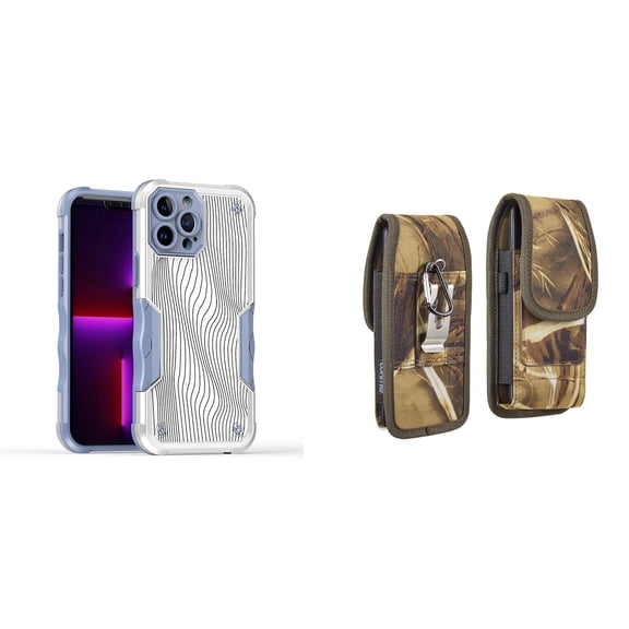 Case and Pouch Bundle for iPhone 14 Pro Max: Heavy Duty Armor Rugged Case (White Swirly Lines) and Vertical Rugged Nylon Belt Holster (Camo)