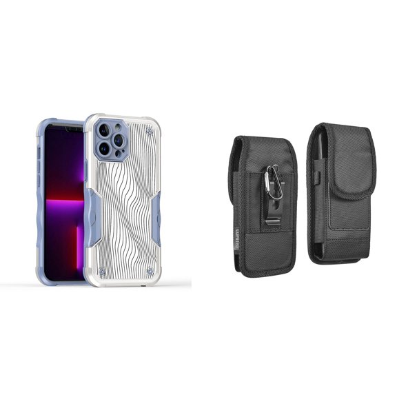 Case and Pouch Bundle for iPhone 14 Pro Max: Heavy Duty Armor Rugged Case (White Swirly Lines) and Vertical Rugged Nylon Belt Holster