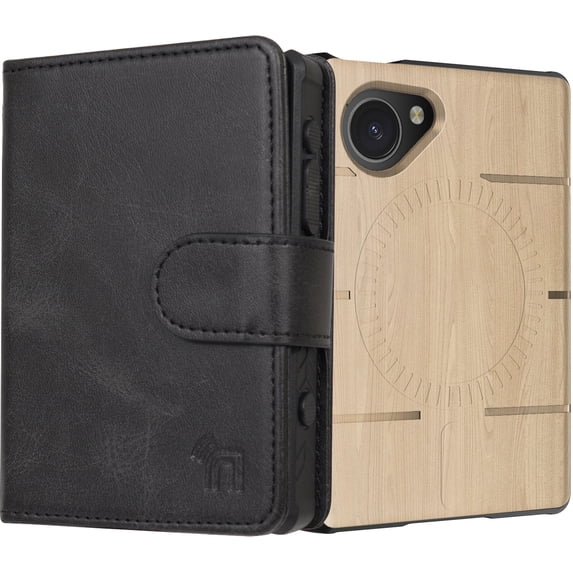 Case and Wallet Combo for Light Phone III, Nakedcellphone Rugged Cover (Compatible with MagSafe) and Bifold Credit Card Holder - Wood Design