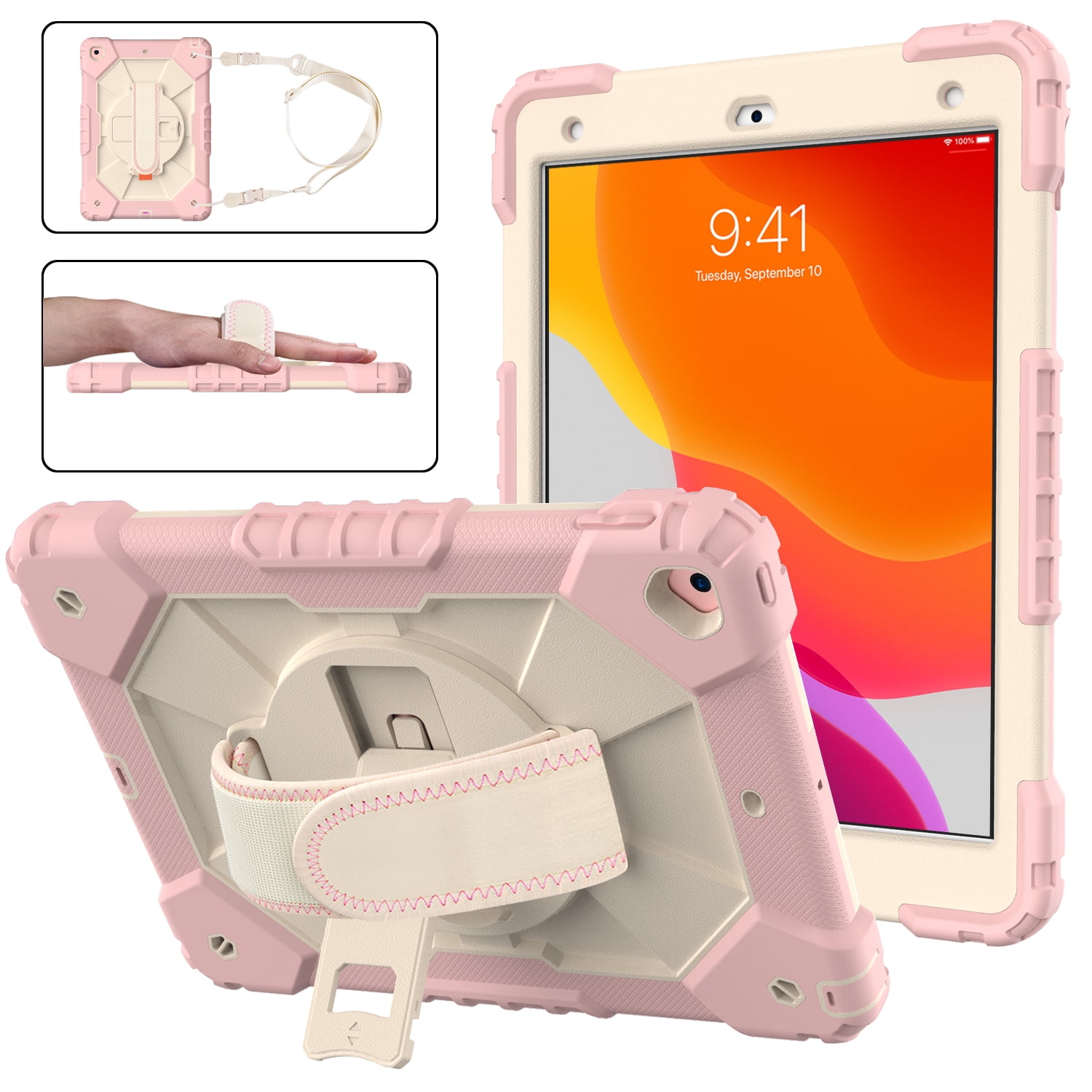 Case for 10.2-inch iPad 9th Generation 2021, Kids Shockproof Rugged Hybrid  360 Rotating Stand Cover with Hand Shoulder Strap/Pencil Holder 