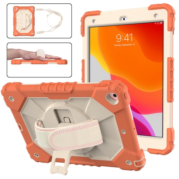 Case for 10.2-inch iPad 9th Generation 2021, Kids Shockproof Rugged Hybrid 360 Rotating Stand Cover with Hand Shoulder Strap/Pencil Holder