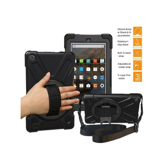 Case for Amazon Fire HD 8 2018 / 2017 Released - 8th / 7th Generation Heavy Duty Full Body Protective Cover Stand, Hand Strap and Shoulder Strap