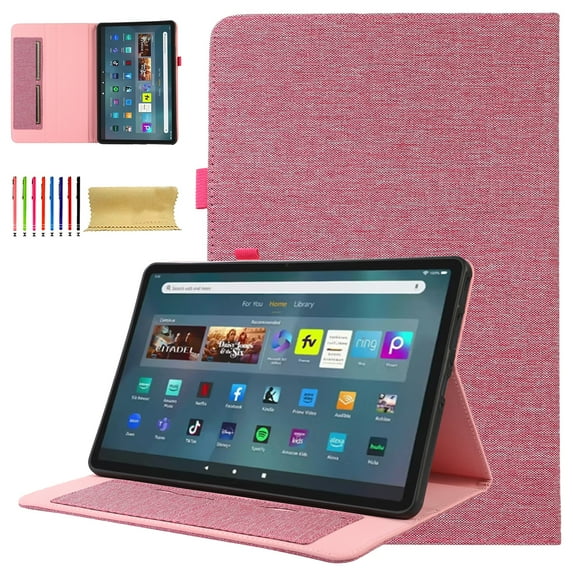 Case for Amazon Fire Max 11 13th Generation 2023, Fabric PU Leather Folio Cover Soft TPU Inner Multiple Viewing Angles Stand with Card Slots - Pink