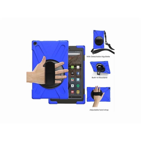 Case for Amazon Kindle Fire HD 10 2017 2018 2019, Shockproof Protective Cover with Rotating Hand Strap Carrying Shoulder Strap and Kickstand