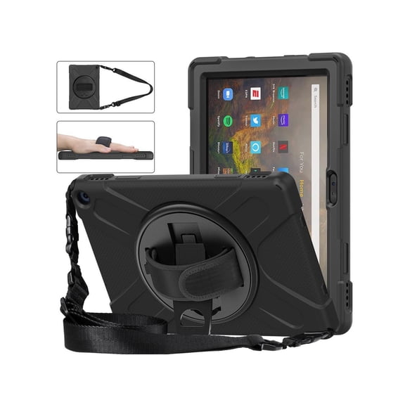 Case for Amazon Kindle Fire HD 10 / Fire HD 10 Plus 11th Generation 2021, Shockproof Cover with Pencil Holder Kickstand Hand & Shoulder Strap