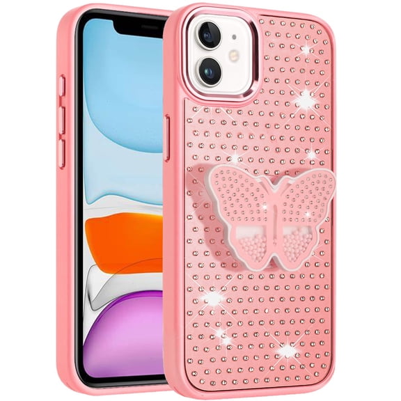Case for Apple iPhone 11 Butterfly Moveable Grip 3D Pop Stand Full Diamond Bling Sparkling TPU Fashion Hybrid, XPM Phone Cover fit iPhone 11 [Pink]