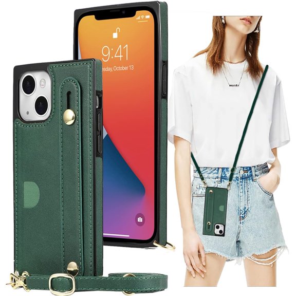 Case for Apple iPhone 14 with Card Slot Holder, Removable Adjustable Shoulder Strap Lanyard Crossbody Neck Purse Phone Case for iPhone 14 KB Green