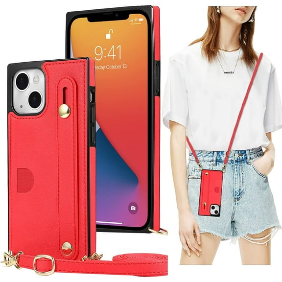 Case for Apple iPhone 14 with Card Slot Holder, Removable Adjustable Shoulder Strap Lanyard Crossbody Neck Purse Phone Case for iPhone 14 KB Red