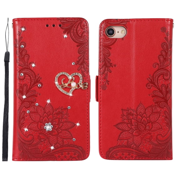 Case for Apple iPhone 7 Plus/8 Plus,Flip Holder Glitter Diamond Leather Magnetic Wallet Phone Case with Wrist Strap,Red