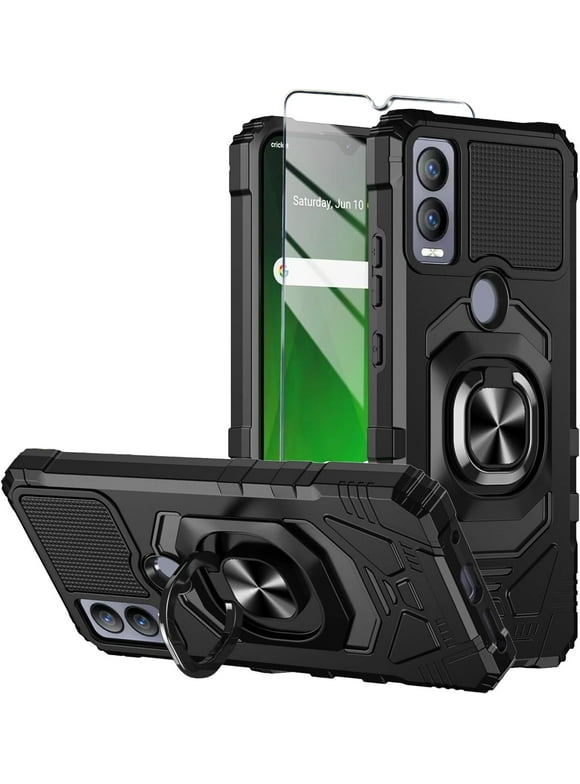 Case for Cricket Magic 5G/ATT Propel 5G Case w/Tempered Glass Screen Protector [Military Grade] Ring Car Mount Kickstand Hard Phone Case - Black