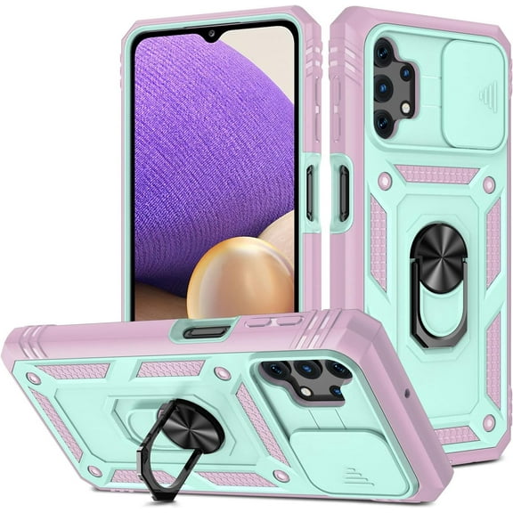 Case for Galaxy A32 5G, Camera Cover Phone Case with Rotation Ring Stand for Samsung Galaxy A32 5G - Green Pink