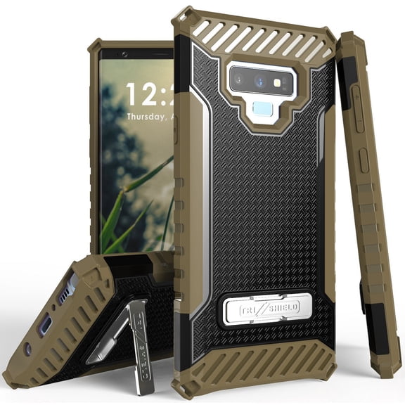 Case for Galaxy Note 9, Brown Tri-Shield Rugged Cover [with Metal Kickstand + Wrist Strap Lanyard] for Samsung Galaxy Note 9 (SM-N960)
