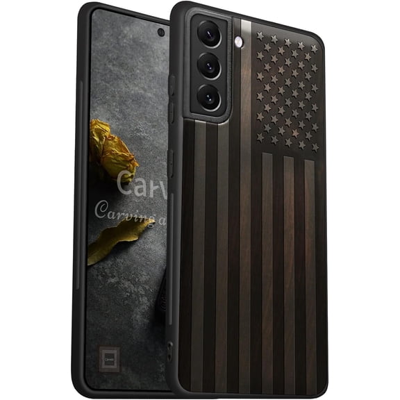 Case for Galaxy S21+ - Hard Real & Soft TPU Hybrid Protective Cover - Unique & Classy Black American Flag Carving