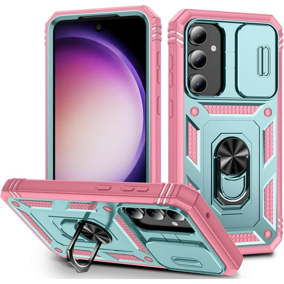 Case for Galaxy S23 Fe, Camera Cover Phone Case with Rotation Ring Stand for Samsung Galaxy S23 Fe - Green Pink