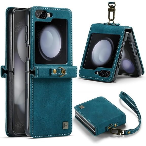 Case for Galaxy Z Flip 5 PU Luxury Leather Case with Hand Strap/Wrist Strap Shockproof Durable Phone Cover for Samsung Galaxy Z Flip 5 2023 (Teal)