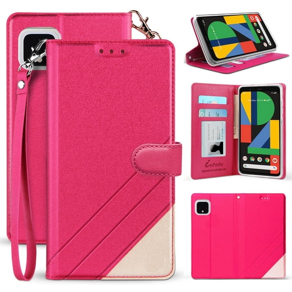 Case for Google Pixel 4, [Pink] Infolio Wallet Credit Card Slot ID Cover, View Stand [with Wrist Strap Lanyard] for Google Pixel 4 Phone (2019)