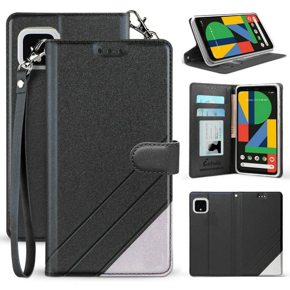 Case for Google Pixel 4, [Black] Infolio Wallet Credit Card Slot ID Cover, View Stand [with Wrist Strap Lanyard] for Google Pixel 4 Phone (2019)