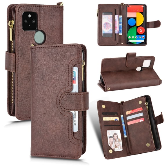 Case for Google Pixel 5 Cover Zipper Magnetic Wallet Card Holder PU Leather Flip Case - Brown