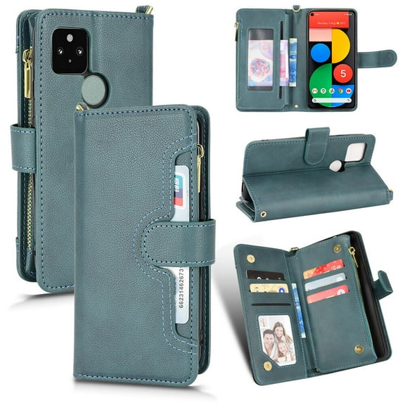 Case for Google Pixel 5 Cover Zipper Magnetic Wallet Card Holder PU Leather Flip Case - Green