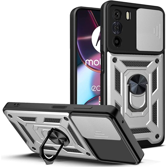 Case for Motorola Edge 30 with Slide Camera Cover, Military Grade Drop Protective Phone Cover Case with Ring Kickstand for Motorola Edge 30 SJ Silver
