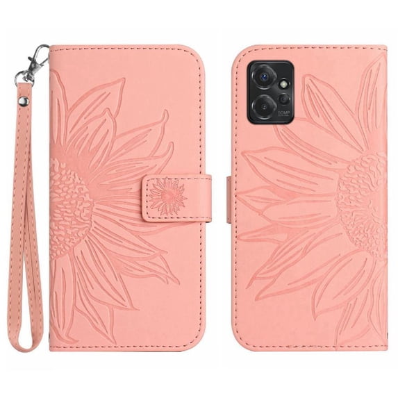 Case for Motorola G Power 2023 With Card Slots Holder Flip Wallet Phone Case Luxury PU Leather Short Strap Embossed Sunflower