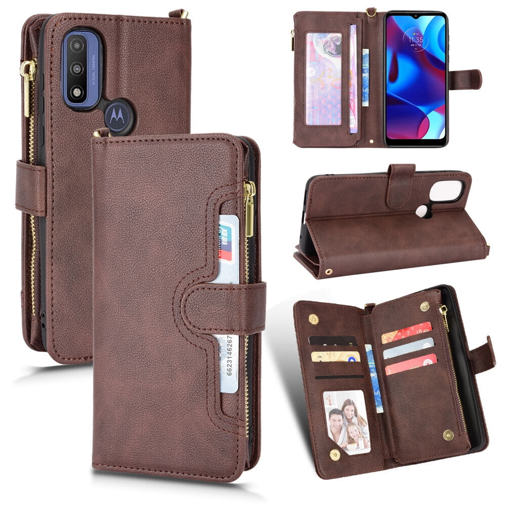 Case for Motorola Moto G PURE Cover Zipper Magnetic Wallet Card Holder PU Leather Flip Case - Brown