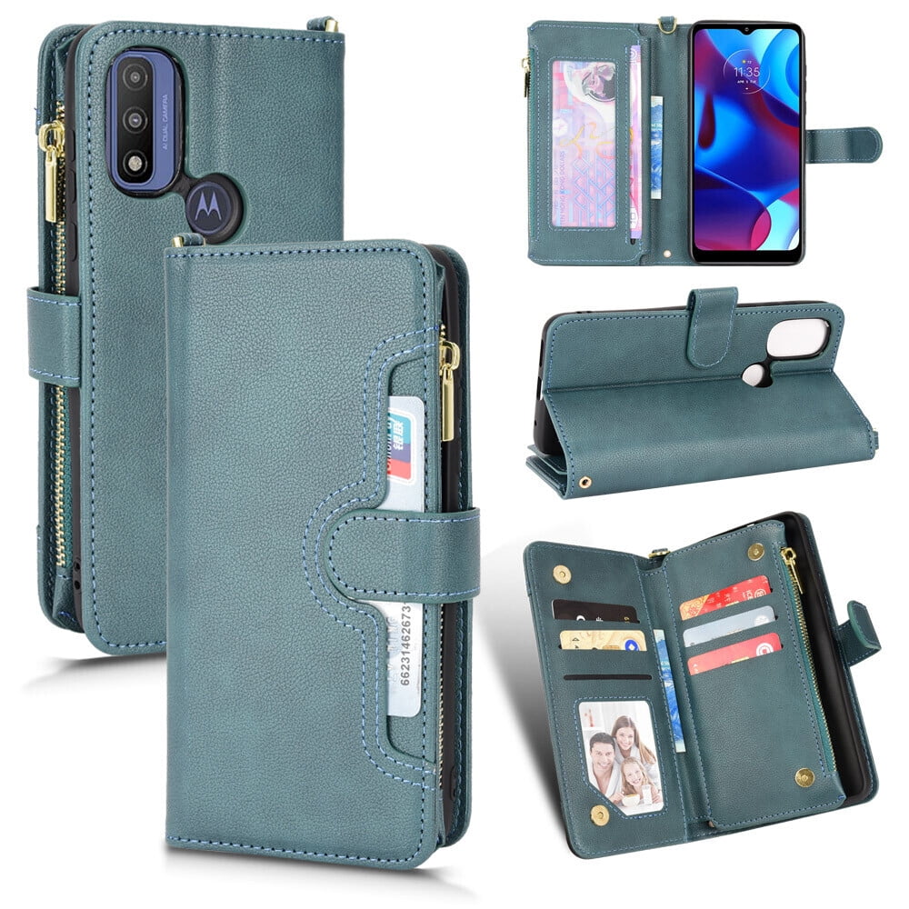 Case for Motorola Moto G PURE Cover Zipper Magnetic Wallet Card Holder PU Leather Flip Case - Green