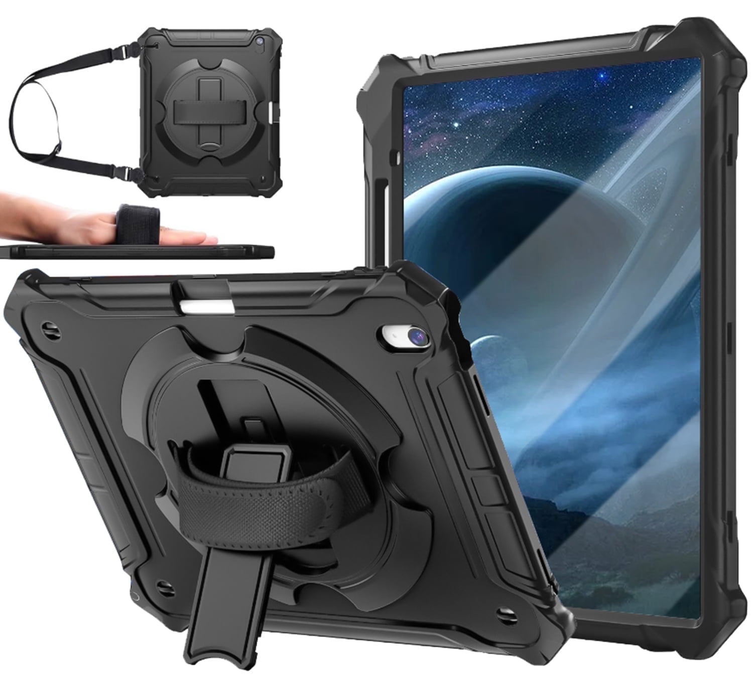 Lmcpa Case for New iPad Air 13 inch M3 2025/M2 2024, Full Body Shockproof Cover with 360 Swivel Hand Strap/Pencil Holder/Shoulder Strap/Kickstand, Black