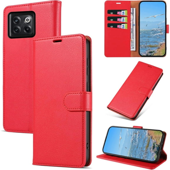 Case for OnePlus 10T 5G, RFID Blocking PU Leather Wallet Case with Card Holder, Magnetic Flip Cover Compatible with OnePlus 10T 5G, Red