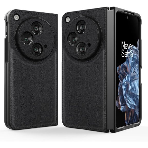 Case for OnePlus Open, Genuine Leather + Hard Polycarbonate Bumper Phone Open - Black