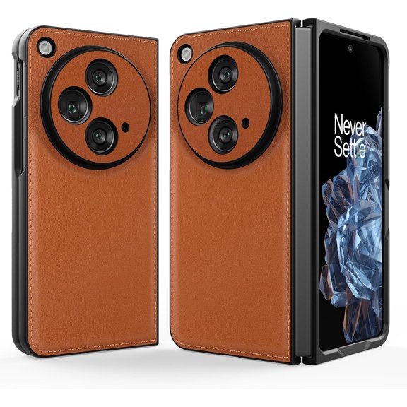 Case for OnePlus Open, Genuine Leather + Hard Polycarbonate Bumper Phone Open - Brown
