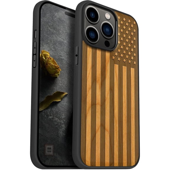 Case for Phone 14 Pro Max [Natural & Black Soft TPU] Unique & Classy Shockproof Protective Cover Compatible with magsafe American Flag, Cherry