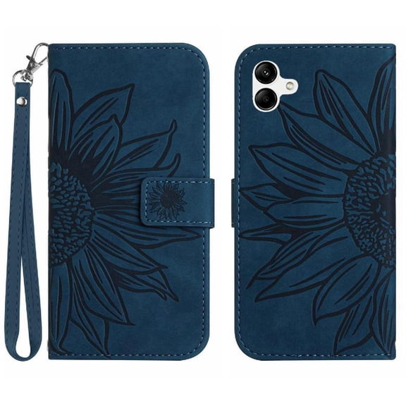 Case for Samsung Galaxy A07 Flip Wallet Phone Case with Card Slots Holder Luxury Pu Leather Embossed Sunflower Short Strap