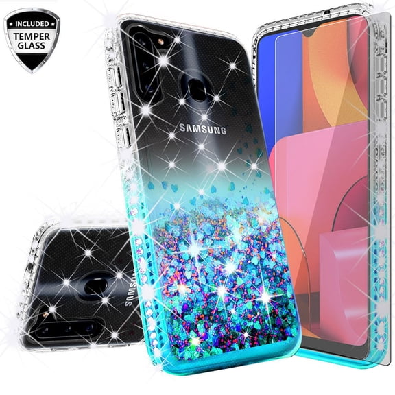 Case for Samsung Galaxy A11 Case with Tempered Glass Screen Protector Sparkle Glitter Flowing Liquid Quicksand Cute Women Girls Case - Clear/Teal