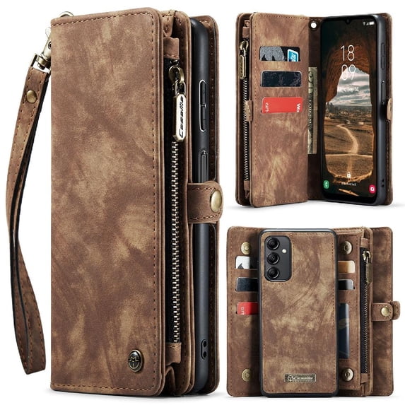 Case for Samsung Galaxy A14 4G/5G Detachable Card Holder TPU PC Handmade Leather Zipper Strong Magnetic Wallet Cover Trifold with