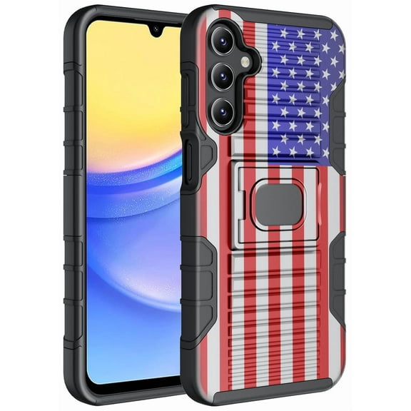 Case for Samsung Galaxy A15 5G Phone, Nakedcellphone Rugged Hybrid Ring Grip Cover with Stand and Built-In Mounting Plate - USA Flag Design